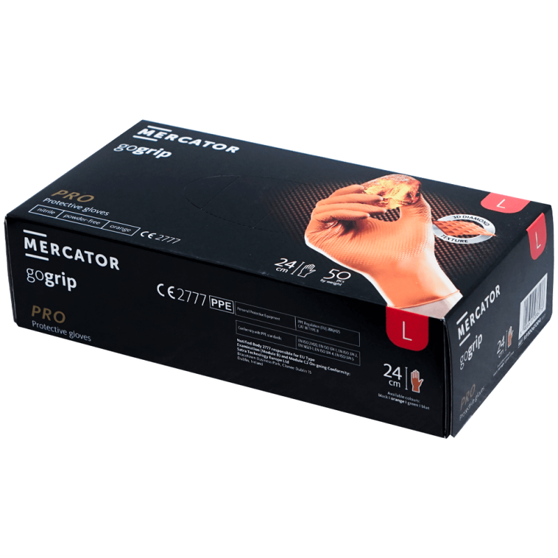 Manusi nitril texturate L 50 buc portocalii horeca mecanica aderenta ridicata GoGrip Mercator